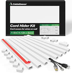 CableGeeker Cord Hider Kit, 113in Cord Covers for Wires on Wall, Paintable Self-Adhesive Cable Raceway, Wire Covers for Wall Mount TV &amp; Home Office Cable Management, W0.95in H0.55in, White