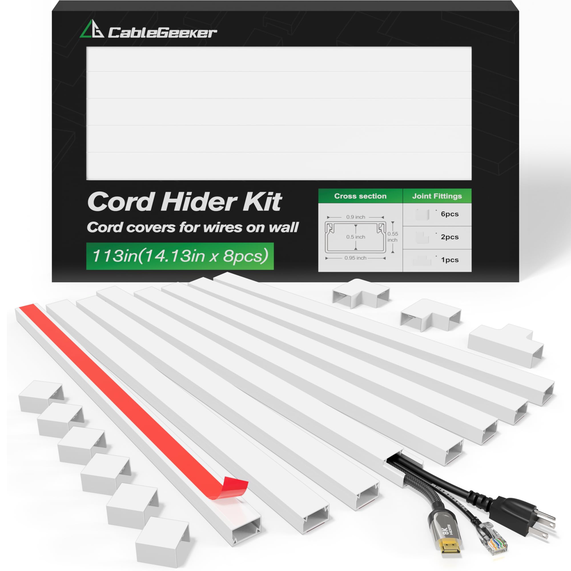 CableGeeker Cord Hider Kit, 113in Cord Covers for Wires on Wall, Paintable Self-Adhesive Cable Raceway, Wire Covers for Wall Mount TV & Home Office Cable Management, W0.95in H0.55in, White