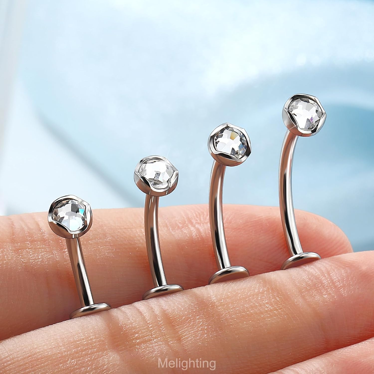 Melighting 14G Floating Belly Button Ring Internally Threaded Stainless Steel 316L CZ Clear Belly Ring Long Navel Piercing Barbell Body Jewellery for Women 10/12/14/16 mm