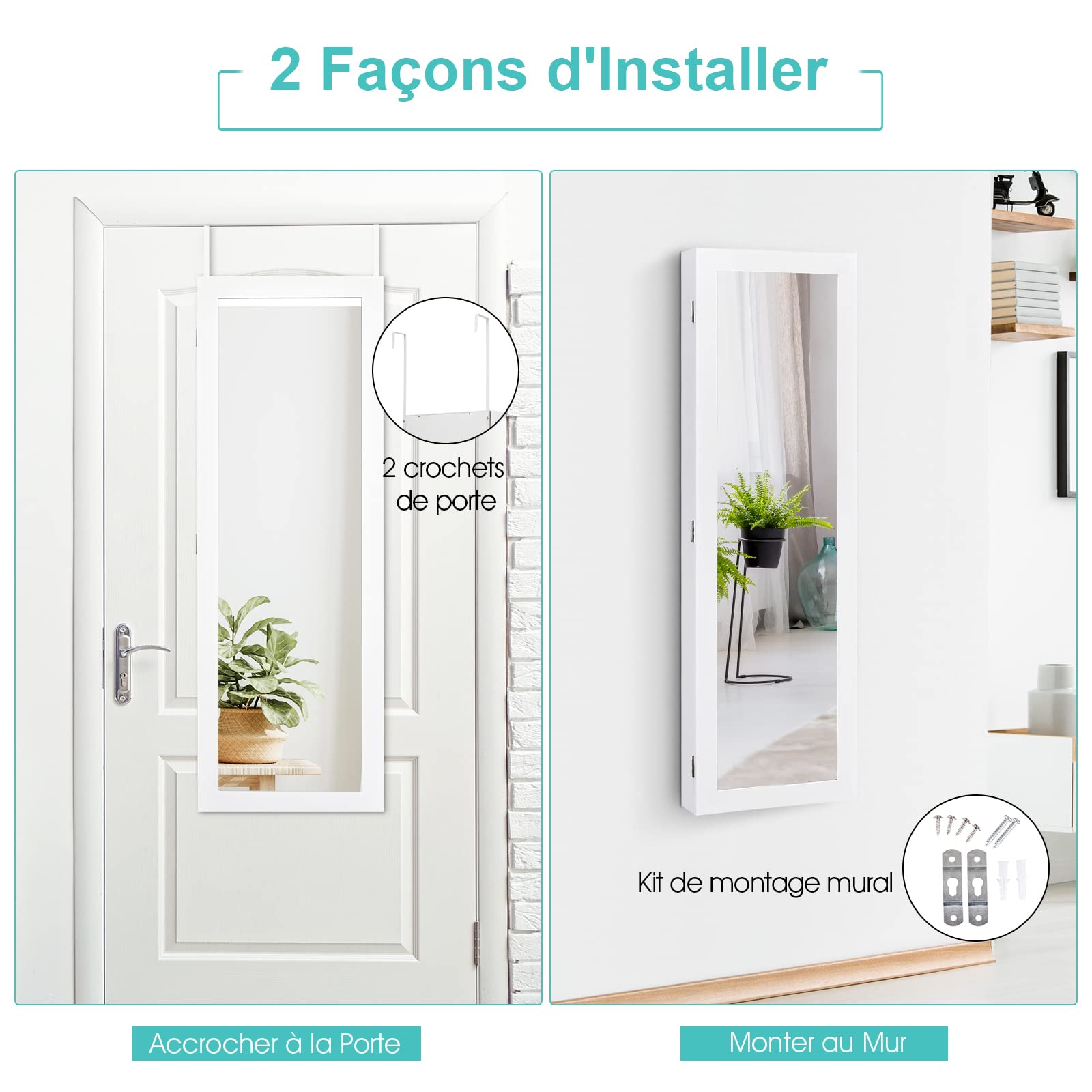 COSTWAY Armoire à Bijoux Murale/Suspendue 2 en 1 avec Miroir Antidéflagrant, Organisateur à Bijoux avec Espace de Rangement, Fermeture Magnétique, 31,5 x 8,5 x 110cm(Blanc)