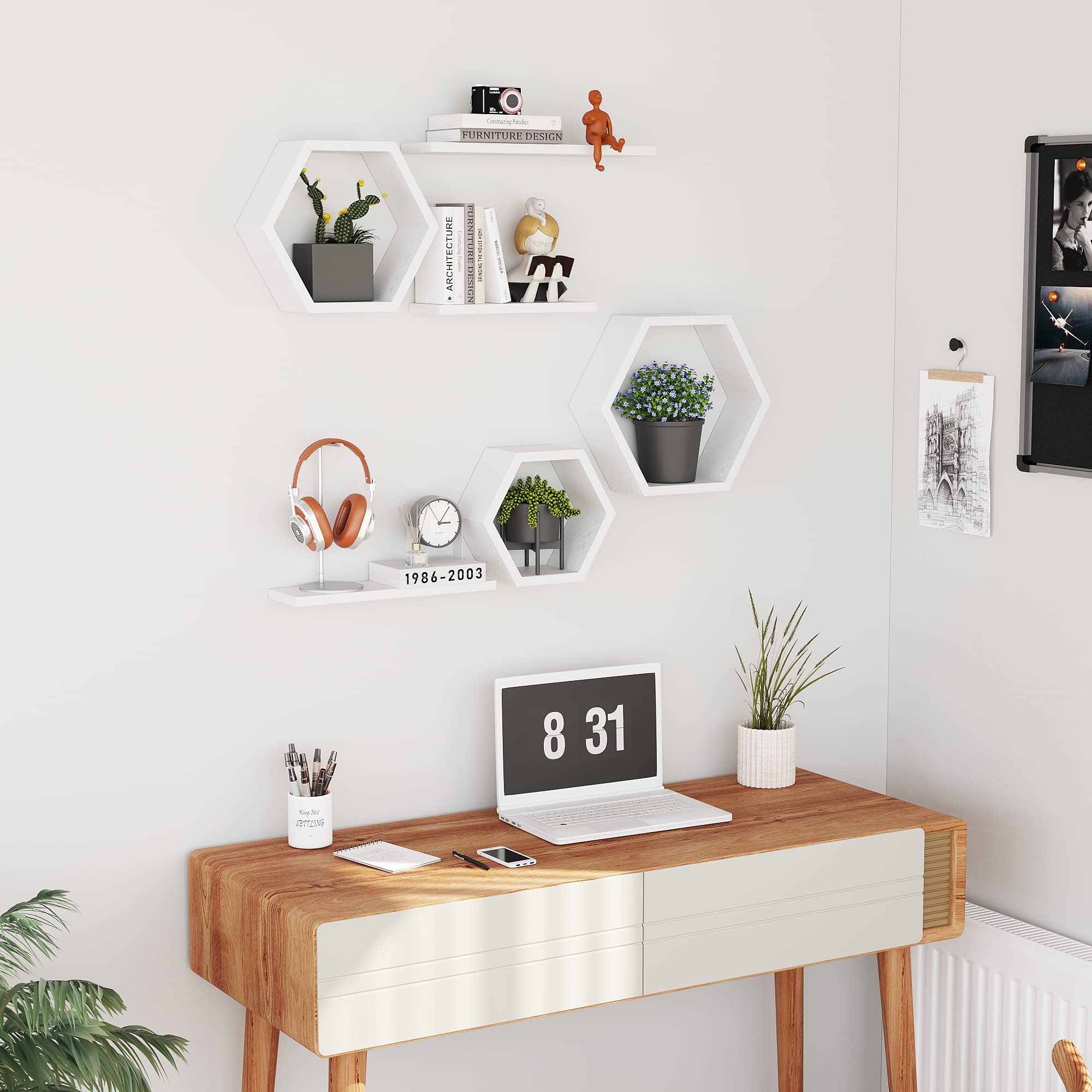 Weiße Sechseckige Schwebende Holz-Wandregale, 6er-Set Massivholz Hängeregal zur Dekoration & Aufbewahrung, Modernes Wabenregal für Wohnzimmer, Schlafzimmer, Badezimmer, Küche und Büro