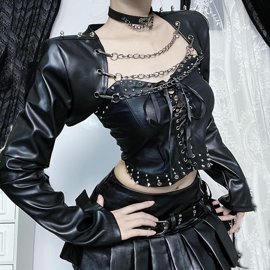 Goth Punk Leather Cropped Bolero Shrug Grunge Gothic Women Long Sleeve Chain Cardigan Crop Top