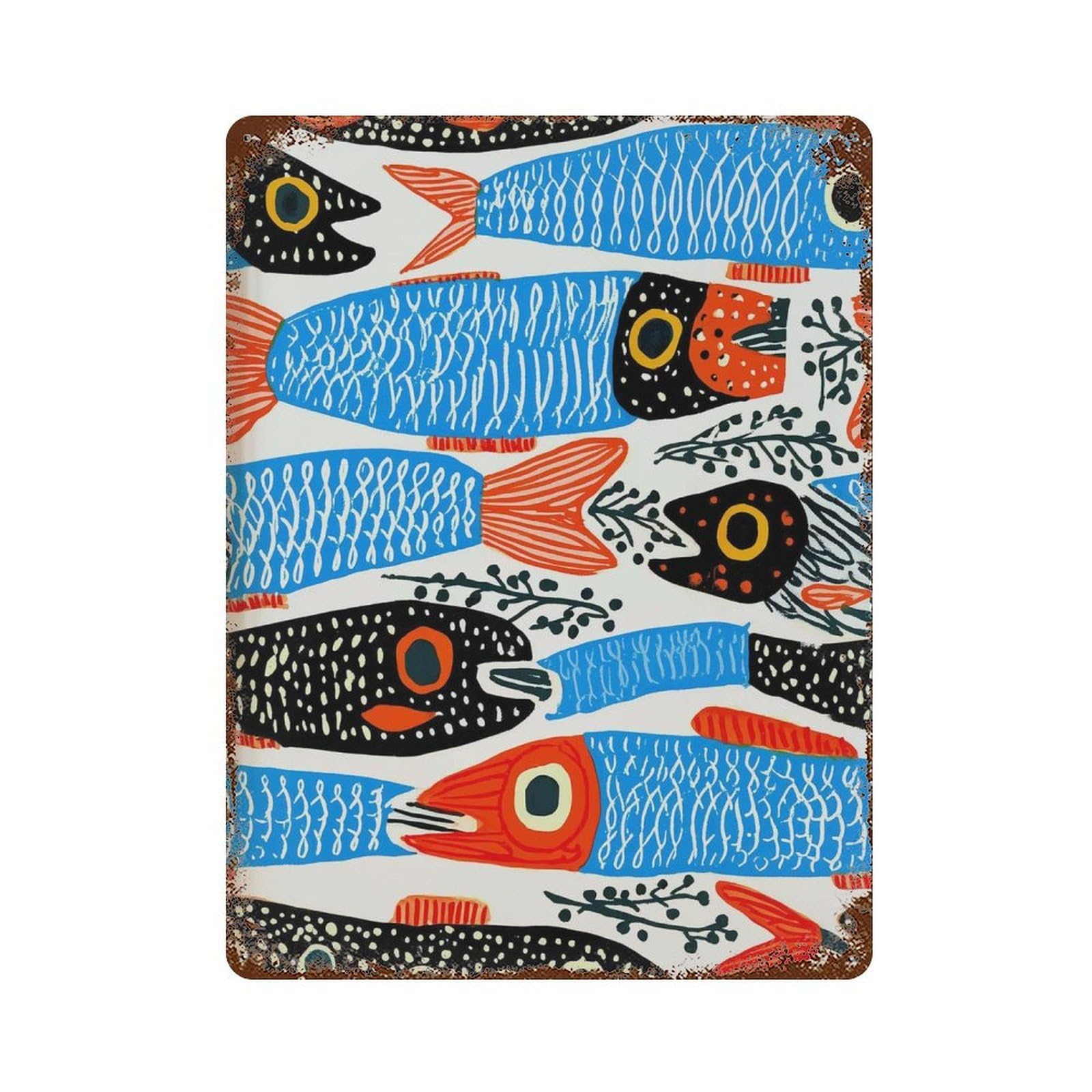 xiaoxiaoshen Colorful Sardine Fish Mediterranean Coastal Kitchen Folk Nautical Vibrant Blue R Wall Decor Art Metal Tin Poster Modern Home Decor Art Home Bar Shop Decorations Vintage Sign 40x30cm