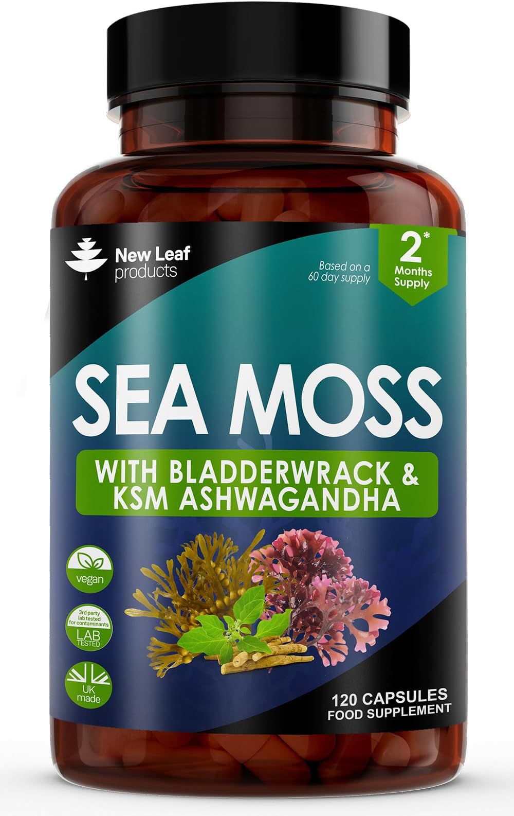Sea Moss Complex - Pure Irish Sea Moss Capsules with Bladderwrack & KSM Ashwagandha - High Strength Seamoss Capsule - 120 Fill Vegan Irish Seamoss Capsules Made in The UK By New Leaf