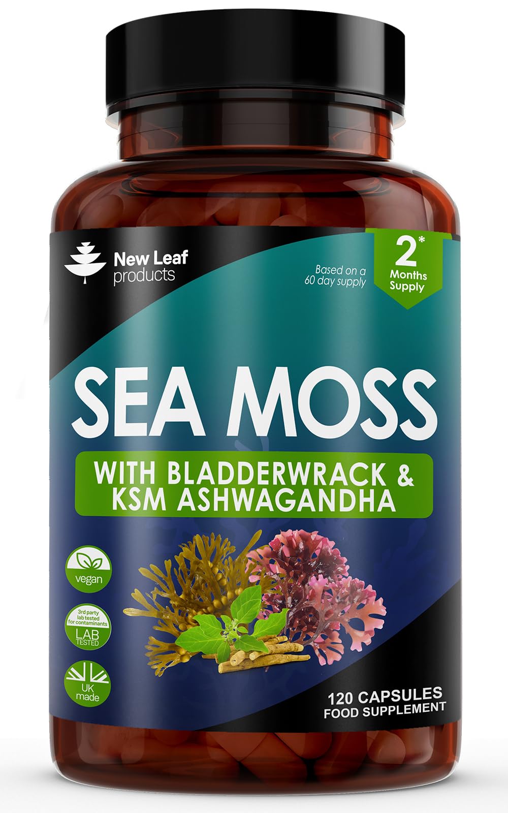 Sea Moss Complex - Pure Irish Sea Moss Capsules with Bladderwrack & KSM Ashwagandha - High Strength Seamoss Capsule - 120 Fill Vegan Irish Seamoss Capsules Made in The UK by New Leaf
