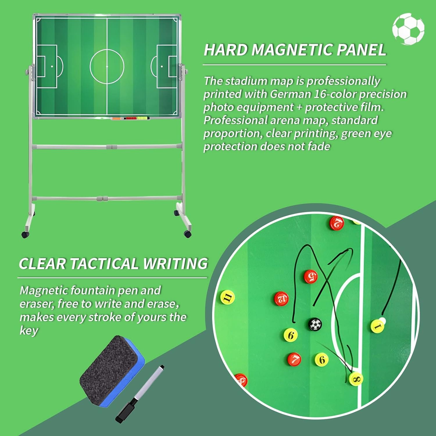 Soccer Coaching Board with Magnets Professional Large Football Tactics Board Magnetic with Wheels, 39.37'' x 27.56'' Horizontal Vertical Two Modes