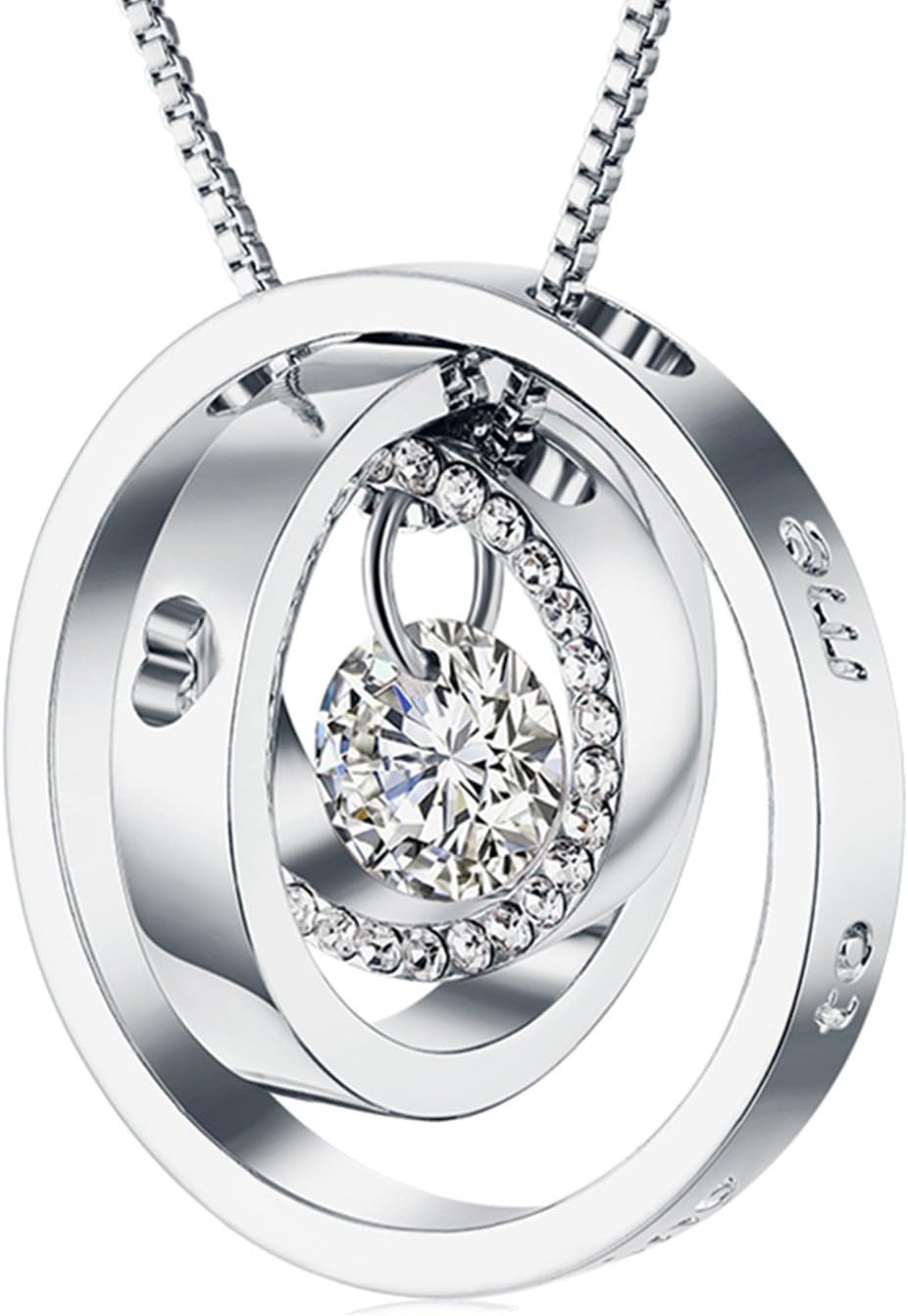 Birsppy Florsol Sterling Silver Necklace,ROTY Dear I Love You “ ”You Mean Everything to Me Engraved Script Trinity Ring Pendant Necklace Made with AAA Cubic Zirconia