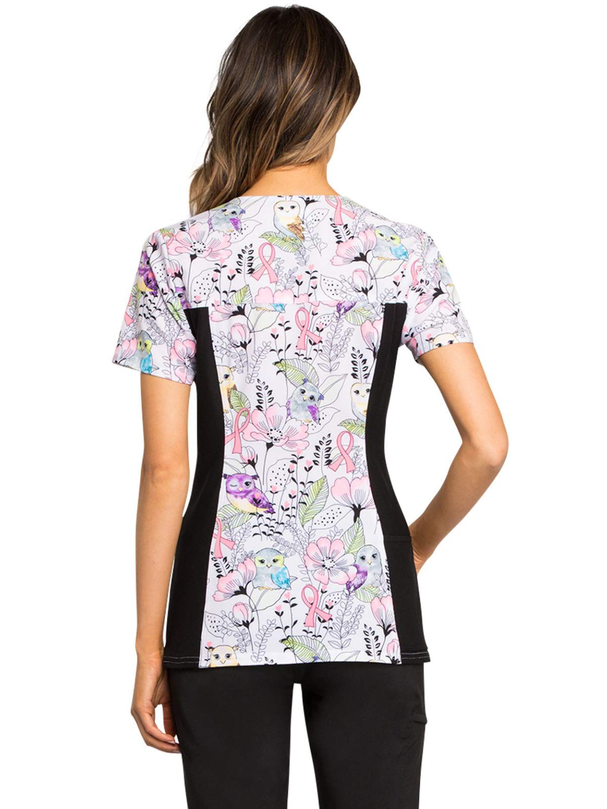 Cherokee iFlex Women Scrubs Top V-Neck Knit Panel CK636, XS, Owl Be in The Garden