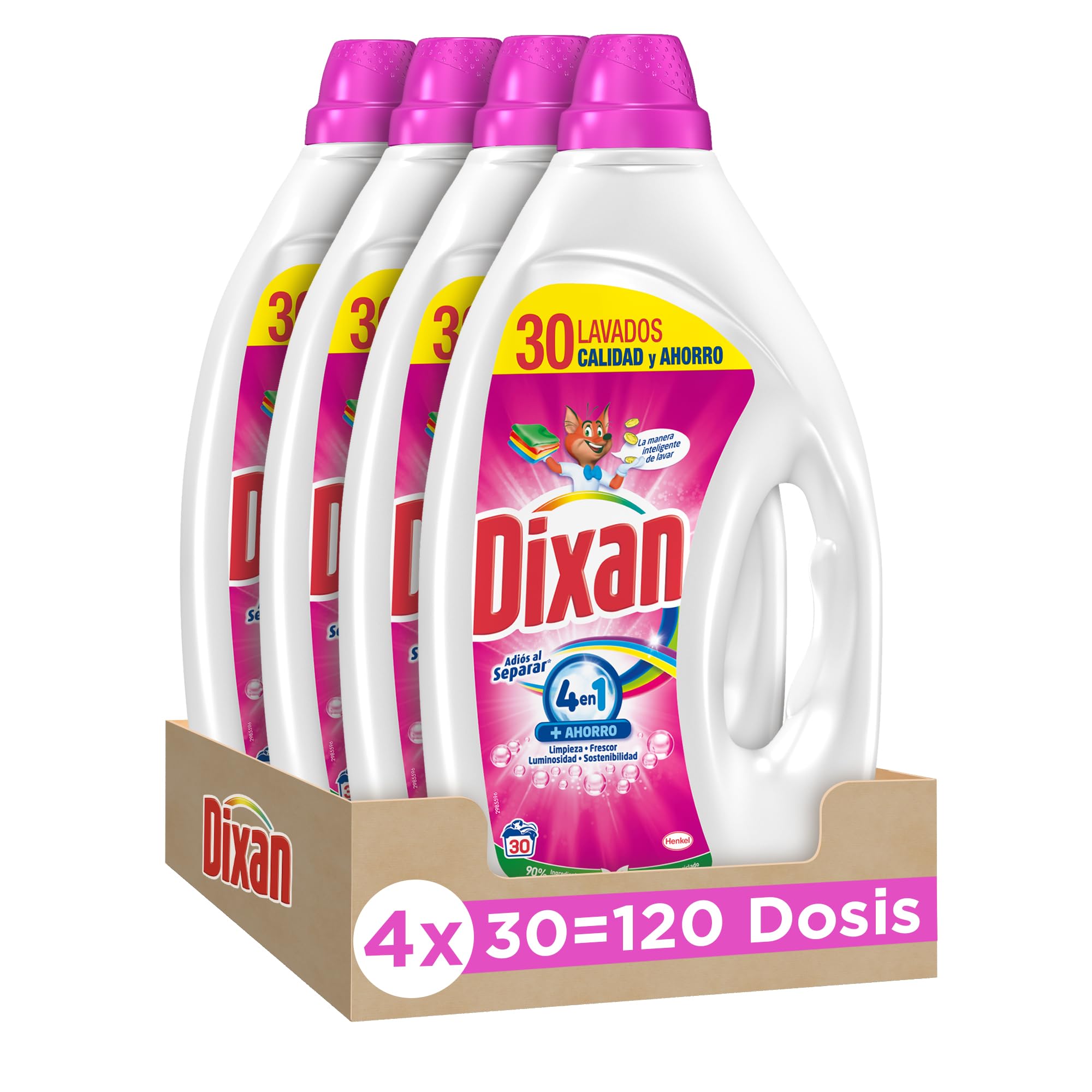 Dixan Detergente Líquido Lavadora, Adiós al Separar Total 4 en 1, (pack de 4, total: 120 lavados) Limpieza, luminosidad, frescor y sostenibilidad para la ropa de color