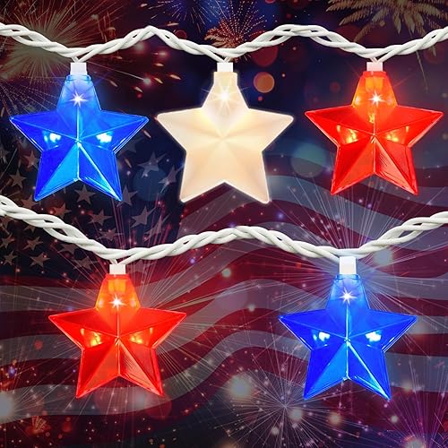 Couah 35 luces LED rojas, blancas y azules, luces patrióticas de estrella de 13.5 pies, enchufe para fiesta de interiorexterior, patio, jardín, día