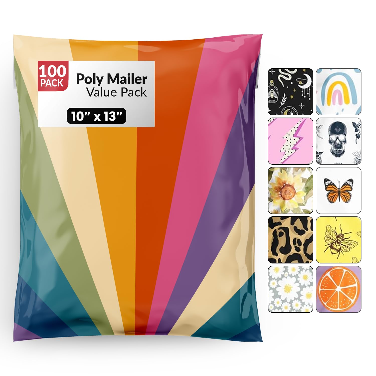 Package Mint 10x13 Poly Mailers - 100 Pack Retro Rainbow Design Poly Mailer Shipping Bags - Waterproof, Tear-Resistant, Self-Sealing Adhesive -