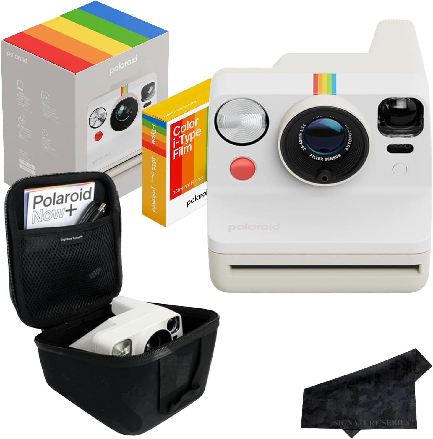 Polaroid Now 3rd Generation i-Type Instant Film Camera with 16 Color Film Photos, Pebble White, with Signature Series Case Bundle