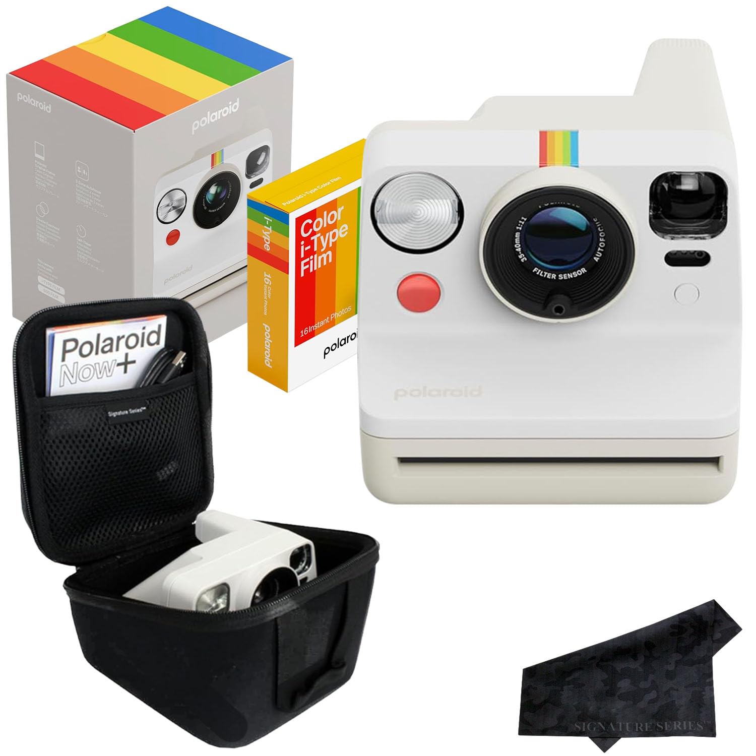 Polaroid Now 3rd Generation i-Type Instant Film Camera with 16 Color Film Photos, Pebble White, with Signature Series Case Bundle