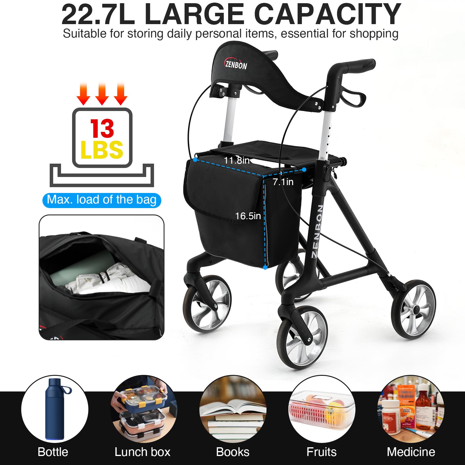 Deambulatore Leggero Pieghevole in Alluminio: Girello 4 Ruote Leggeri e Pieghevoli Speciali per Anziani - Rollator con Seduta Stretti per la Casa - Deambulatore con Funzione di Bloccaggio (Nero)