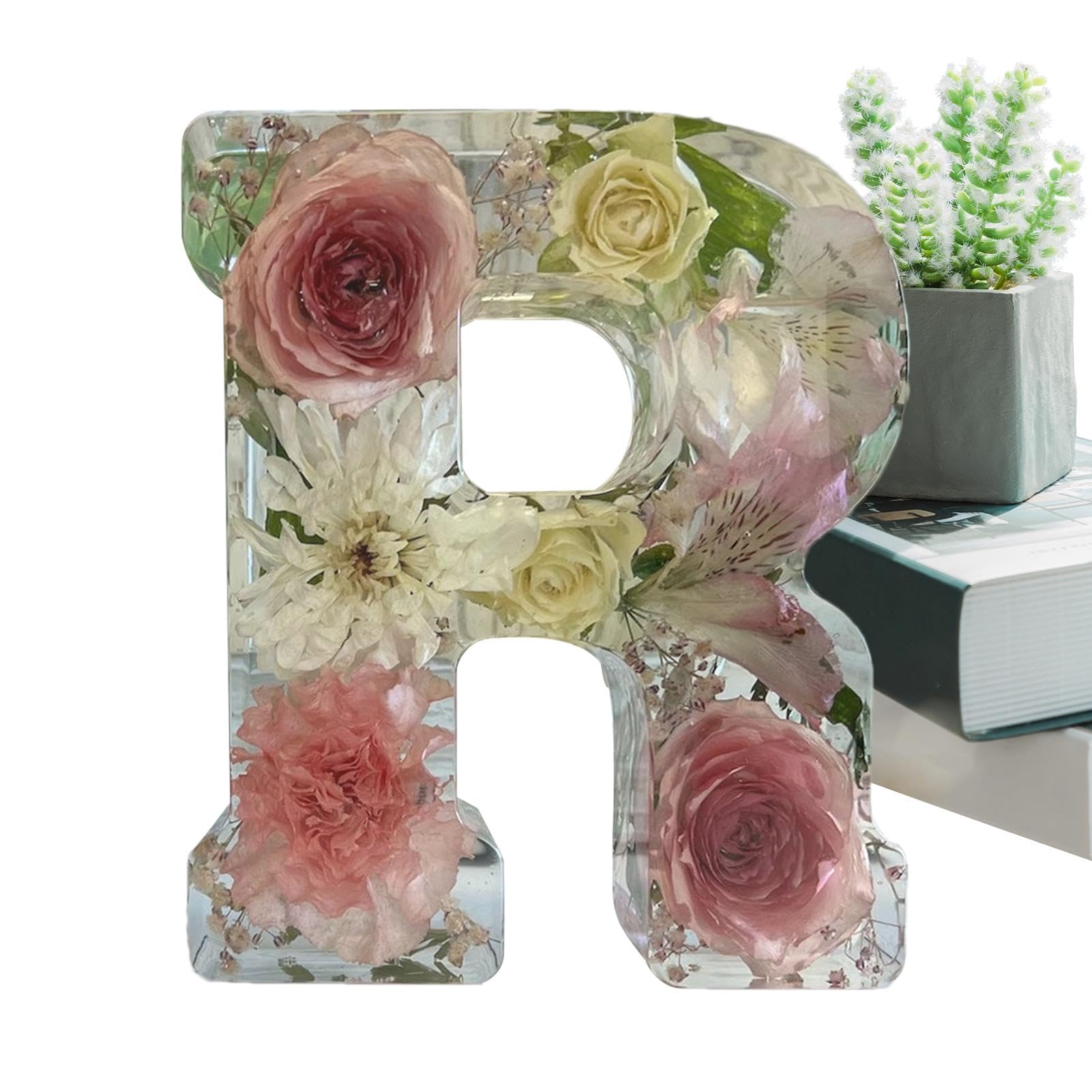 Niesel Floral Resin Night Light Letter with LED - Pressed Flower Decorative Lamp with Initial & Dry Flowers