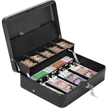 HAITRAL Black Metal Lockable Cash Box | Coin insert &amp; 4 note compartments, portable large cash box with 2 keys, W 30 x D 24 x
