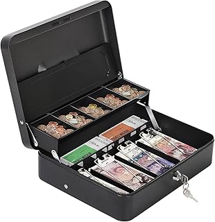HAITRAL Geldkassette abschließbar, Banknoten und Münzsafe, Geldkasse aus Metall, Tragbare große Geldkassette mit 2 Schlüsseln - B 30 x T 24 x H 9 cm, Schwarz