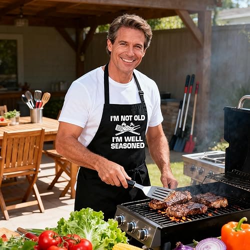 Miniatura 7 de Divertidos delantales de parrilla para hombres  Delantal de cocina para barbacoa con 2 bolsillos, correa ajustable para el cuello y lazos largos de