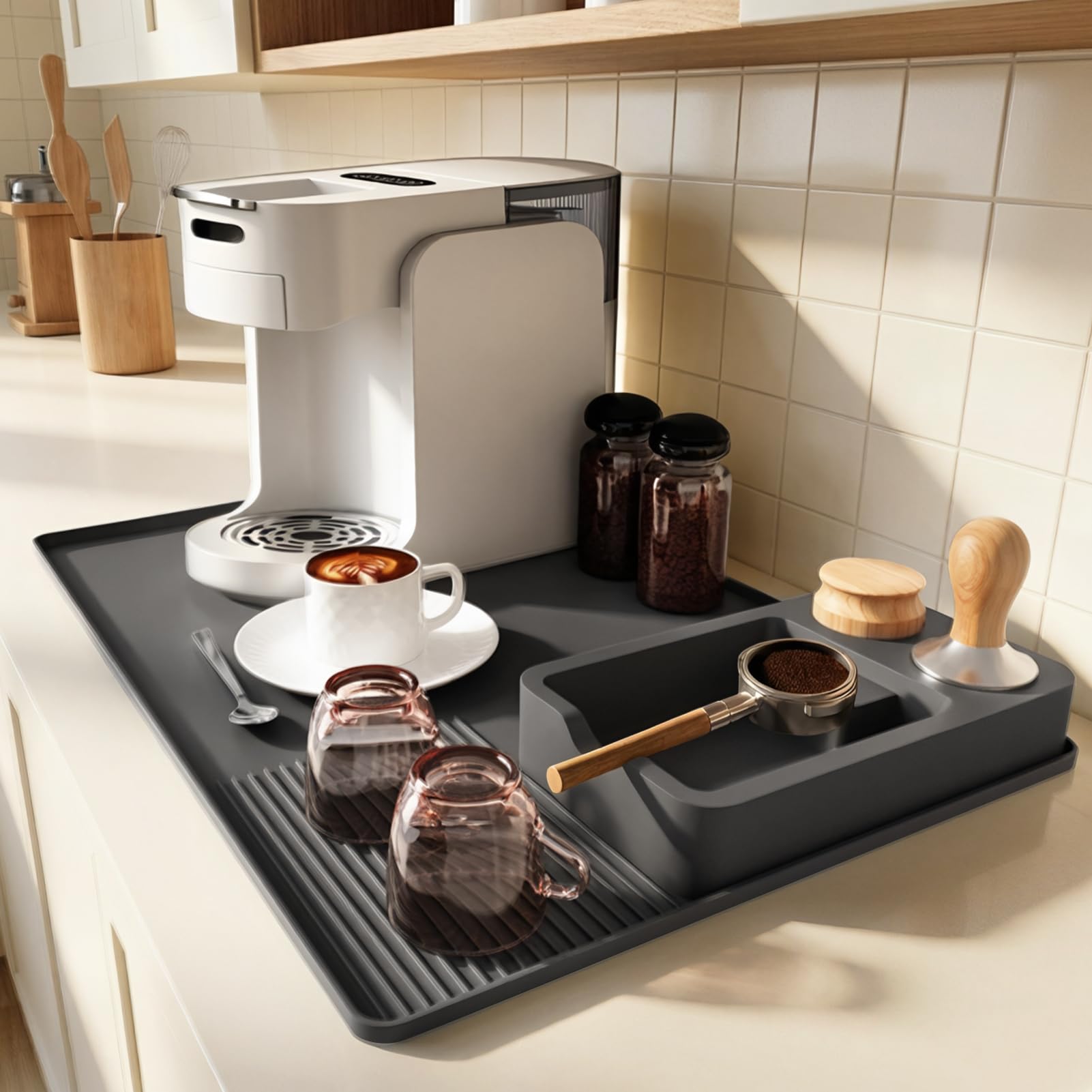 Alfombrilla de Silicona para Cafeteras, Alfombrilla para Máquina de Café con Bordes Elevados 60x40cm, Tapete para Máquina Café Antideslizante Fácil Limpiar con De'Longhi Magnifica, Krups, Philips