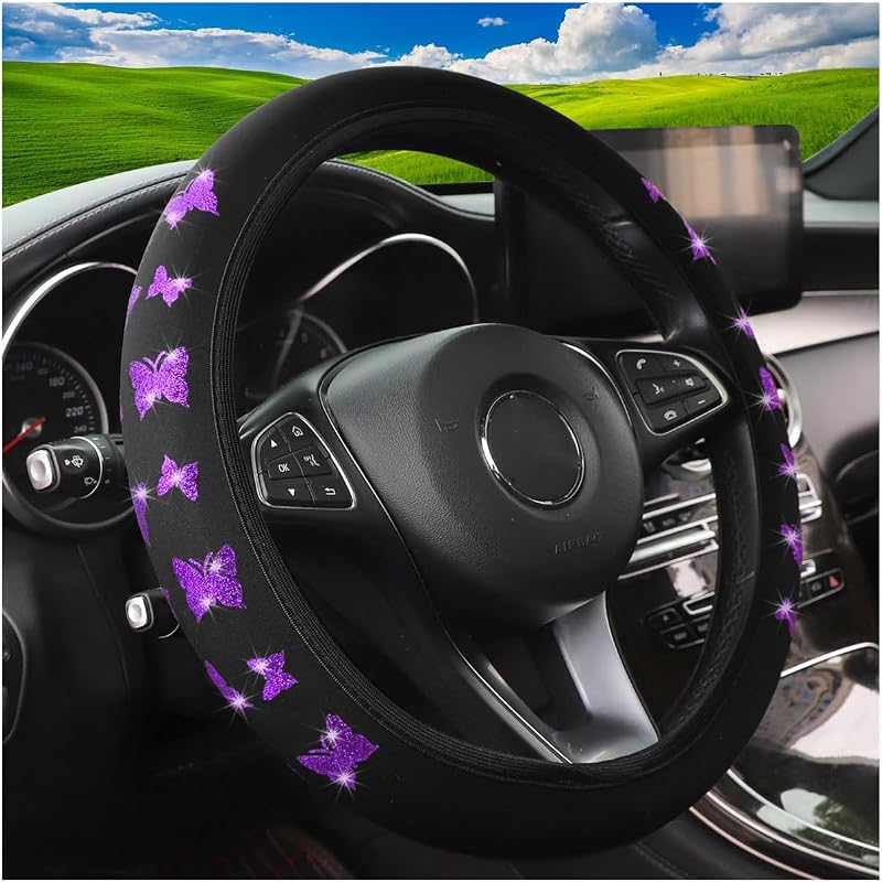 Capa para Volante Automotivo em Fibra de Poliéster com Estampa de Borboleta Roxa, 38,1 cm, KHGUZ