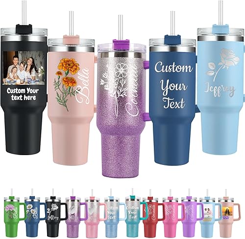 Vaso personalizado con asa, vaso aislado personalizado de 40 onzas, grabado con nombre de flor de nacimiento, taza de acero inoxidable personalizada