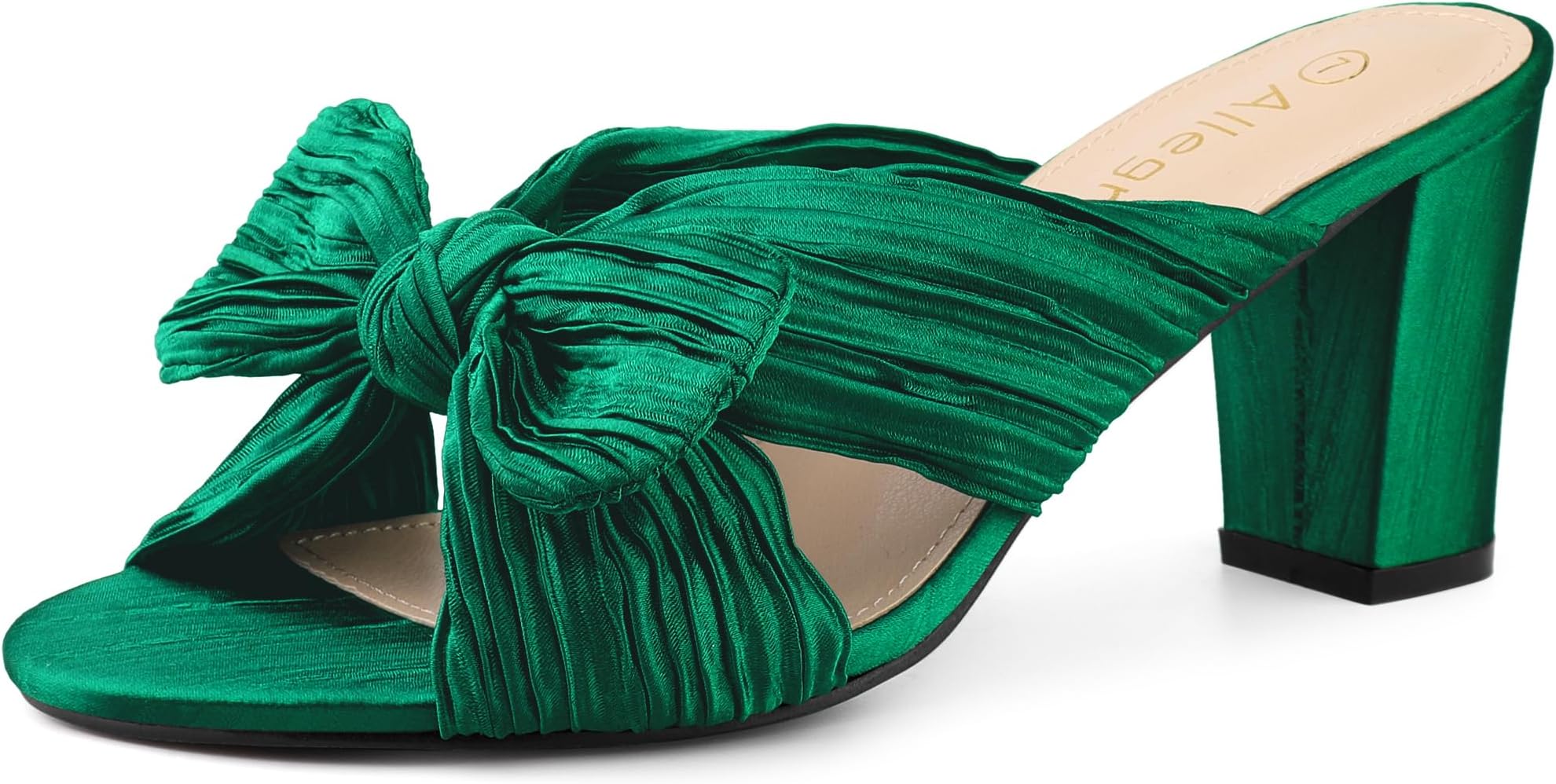 Women's Slip on Pleated Bow Heels Chunky Heel Slouches Slides Sandals