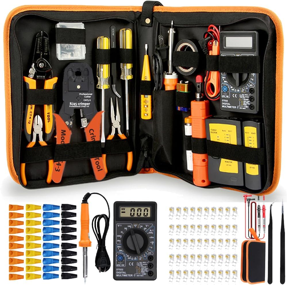 LEATBUY CAT5/CAT6 Crimping Tool RJ45 Crimp Tool Set for Plugs Pliers Regular 50PCS Connectors, 50PCS Covers Network Wire Stripper Kit Ethernet Punch Down Crimper Cutter (YELLOW)