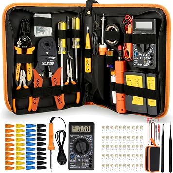 LEATBUY CAT5/CAT6 Crimping Tool RJ45 Crimp Tool Set for Plugs Pliers Regular 50PCS Connectors, 50PCS Covers Network Wire Stripper Kit Ethernet Punch Down Crimper Cutter YELLOW