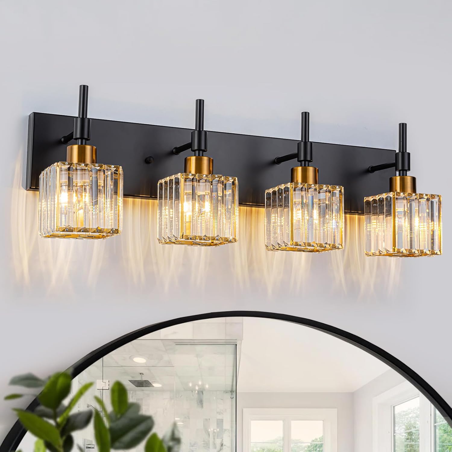 Zicbol Black and Gold Bathroom Light Fixture,4Lights Crystal Vanity