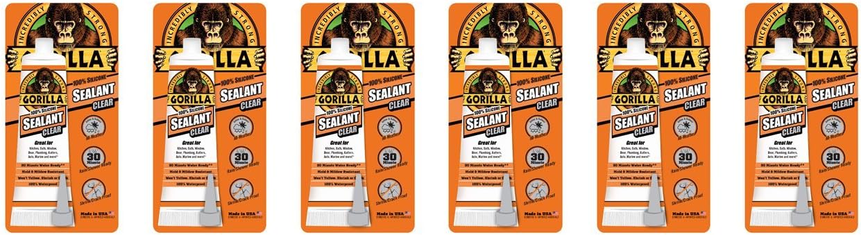 Gorilla 100 Percent Silicone Sealant Caulk, 2.8 ounce Squeeze Tube, Clear, (Pack of 6)