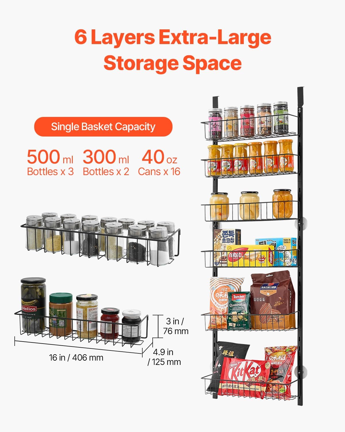 VEVOR Over the Door Pantry Organizer, 6-Tier Pantry Organization and Storage, Heavy-Duty Steel Hanging Spice Rack, Adjustable Wall Seasoning Shelves, for Home Kitchen Laundry Room Bathroom, Black image 5