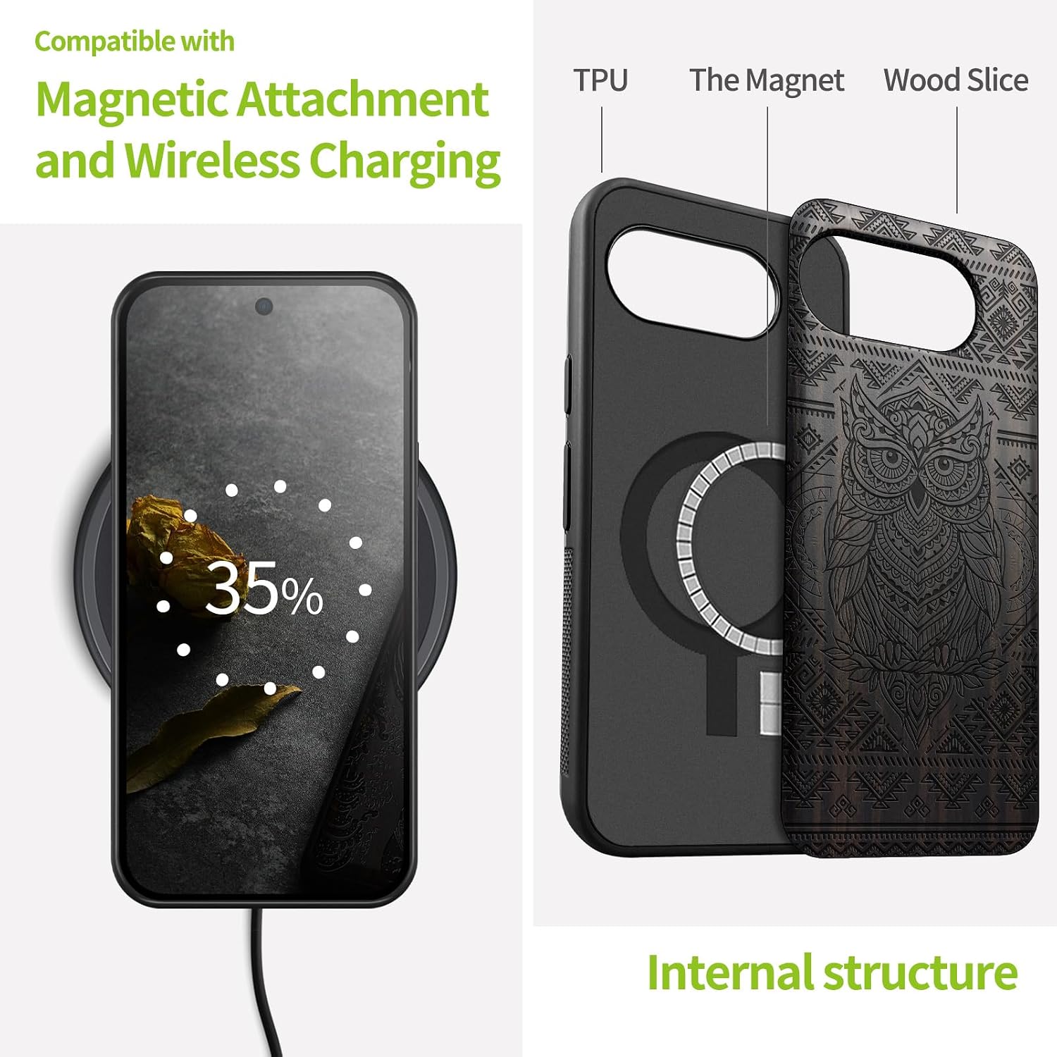 Carveit Magnetic Wooden Case for Google Pixel 10a Case, Wood Artisan Engraved & Soft TPU Shockproof Cover, Compatible with MagSafe Wireless Chargers (Owl Mandala) Blackwood
