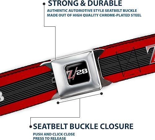 Miniatura 6 de Buckle-Down Cinturón de seguridad 1969 Camaro Z28 EmblemRayas RojoNegroGrisPlata - 1.5" Ancho - 24-38 pulgadas de largo