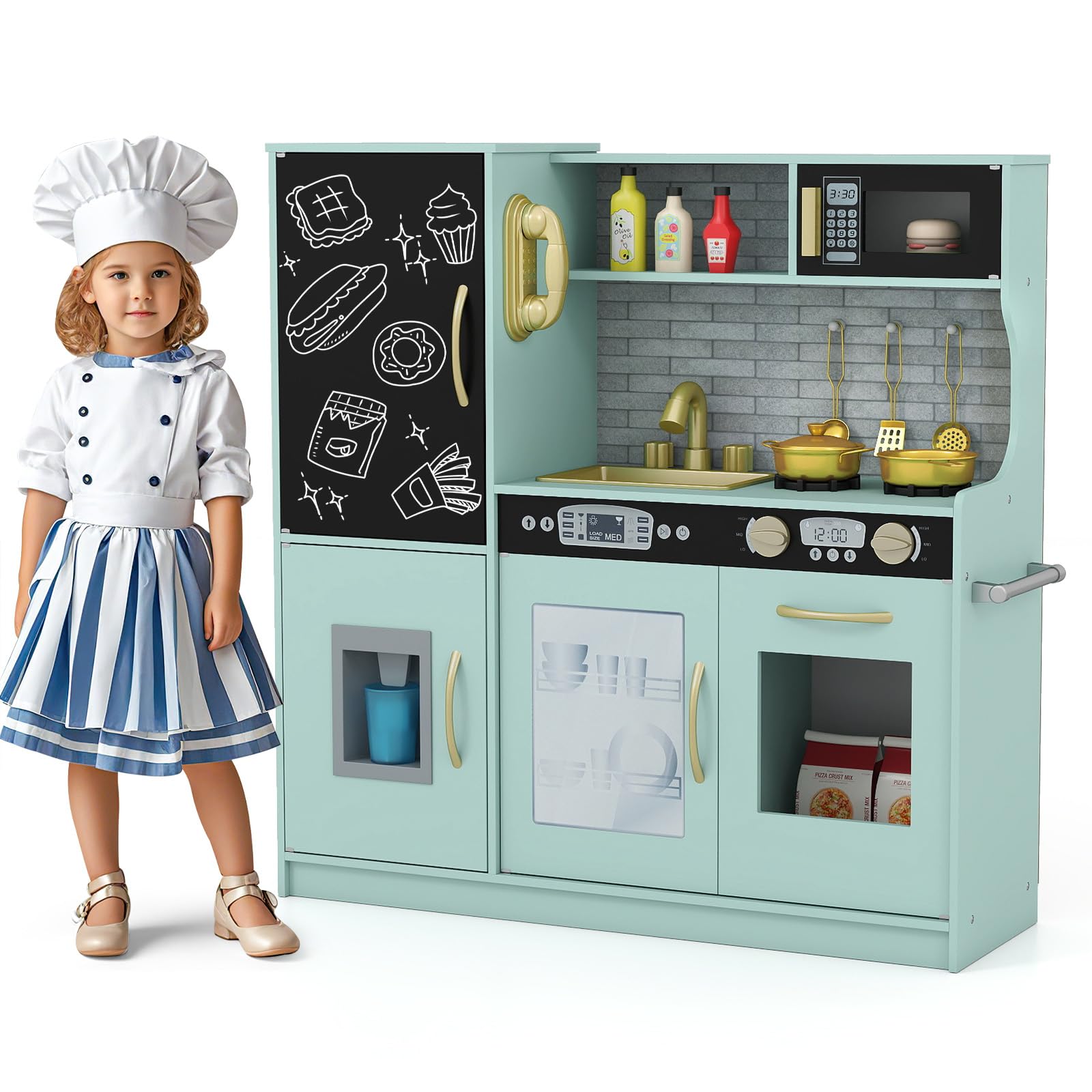 GYMAX Pretend Play Kitchen, Toddler Kitchen Playset with Blackboard, Phone, Microwave, Ice Maker, Dishwasher, Oven, Accessories & Sounds, Wooden Kitchen Toy for 3-6 Years Old (Green)