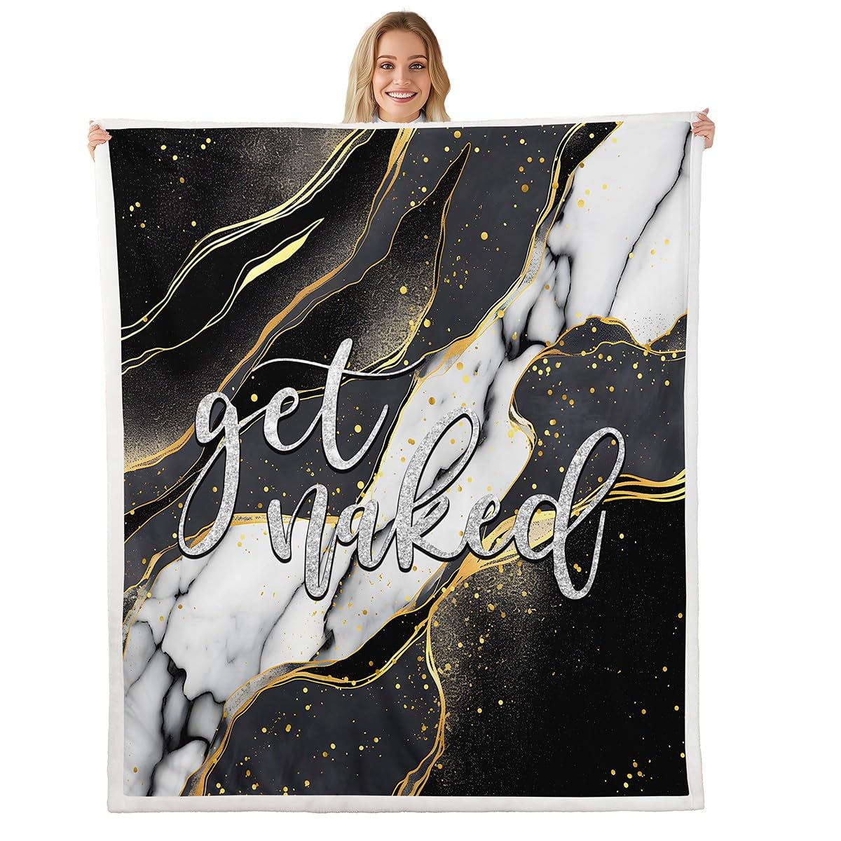 Get Naked Bed Blankets Kids Marble Throw Blanket Grey Black White Gold Sherpa Blanket for Boys Girls Women Men Bedroom Decor Funny Quote Simple Modern Fuzzy Blanket for Sofa Bed Couch Queen 90x90 Inch