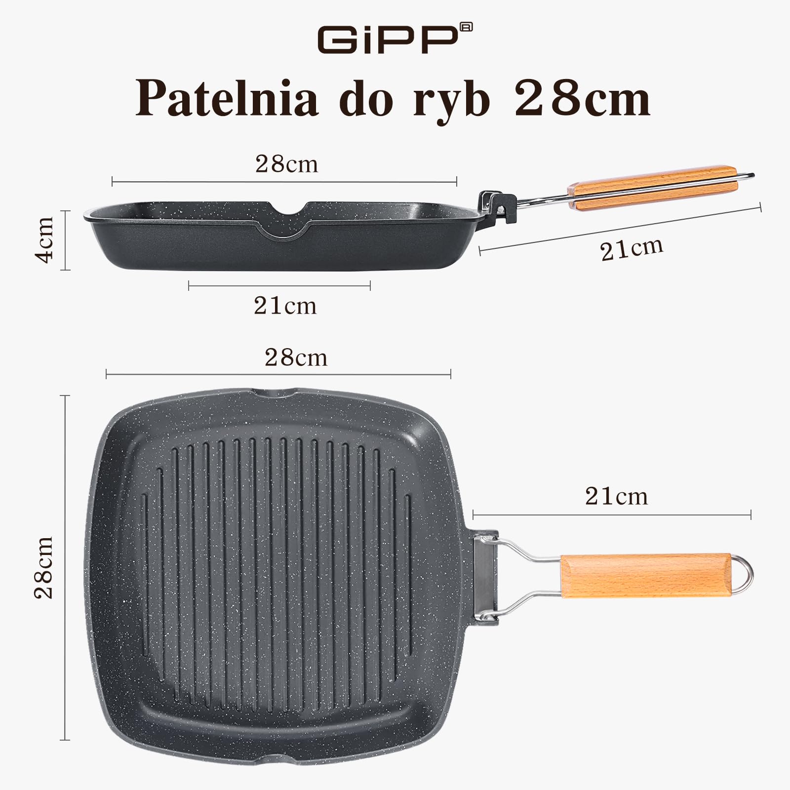GiPP Nieprzywierająca, Składana Patelnia do Ggrillowania o Wymiarach 28x28 | Pasuje do różnych rodzajów kuchenek, w tym do kuchenek indukcyjnych; można myć w zmywarce; składany uchwyt