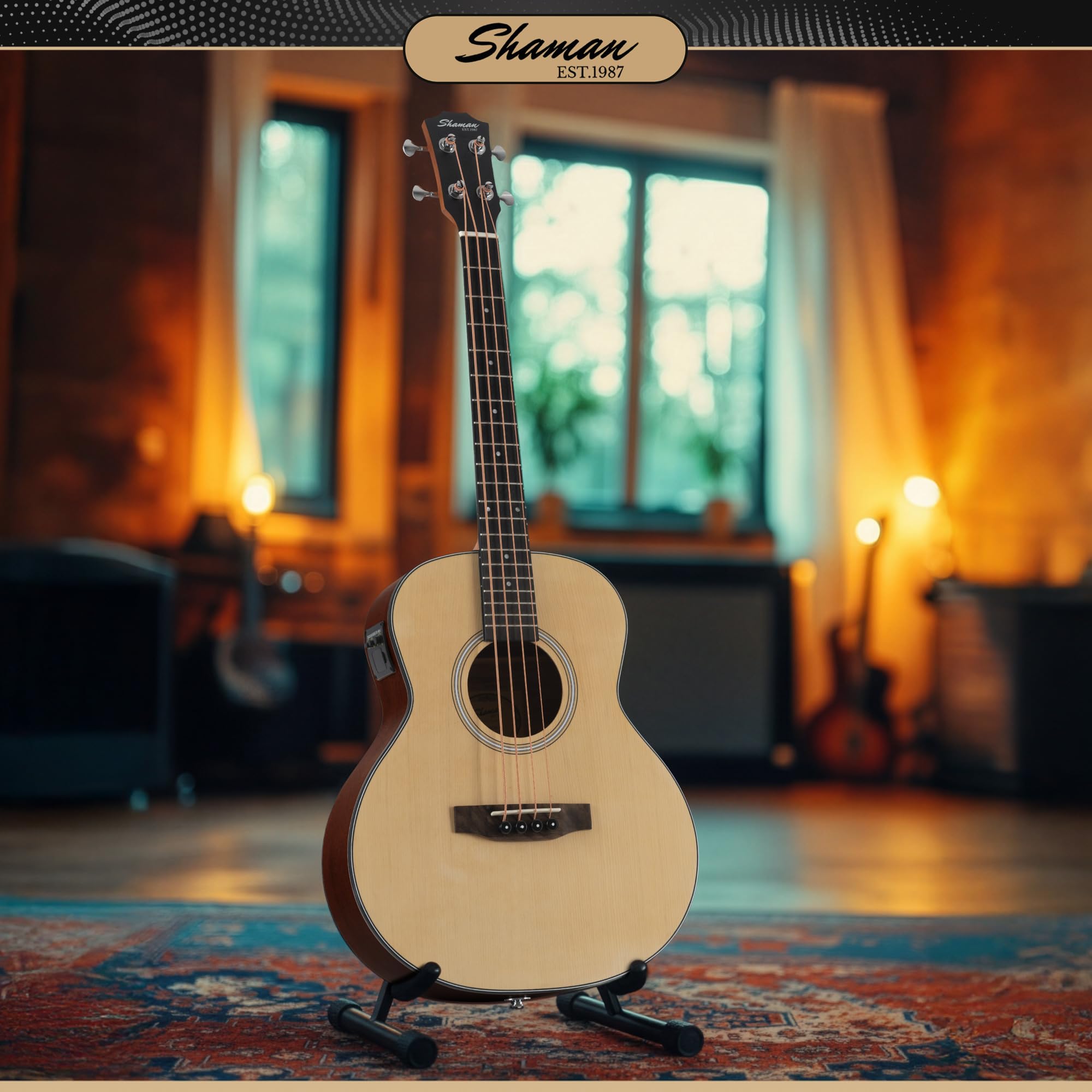Shaman ABM4-50E-NT Akustik Bass 4-Saiter - kompakter Short-Scale Bass mit eingebautem Tonabnehmer, Piezo-Elektronik & Stimmgerät, Mahagoni & Fichte Korpus, ideal für Bühne & Zuhause - Natur