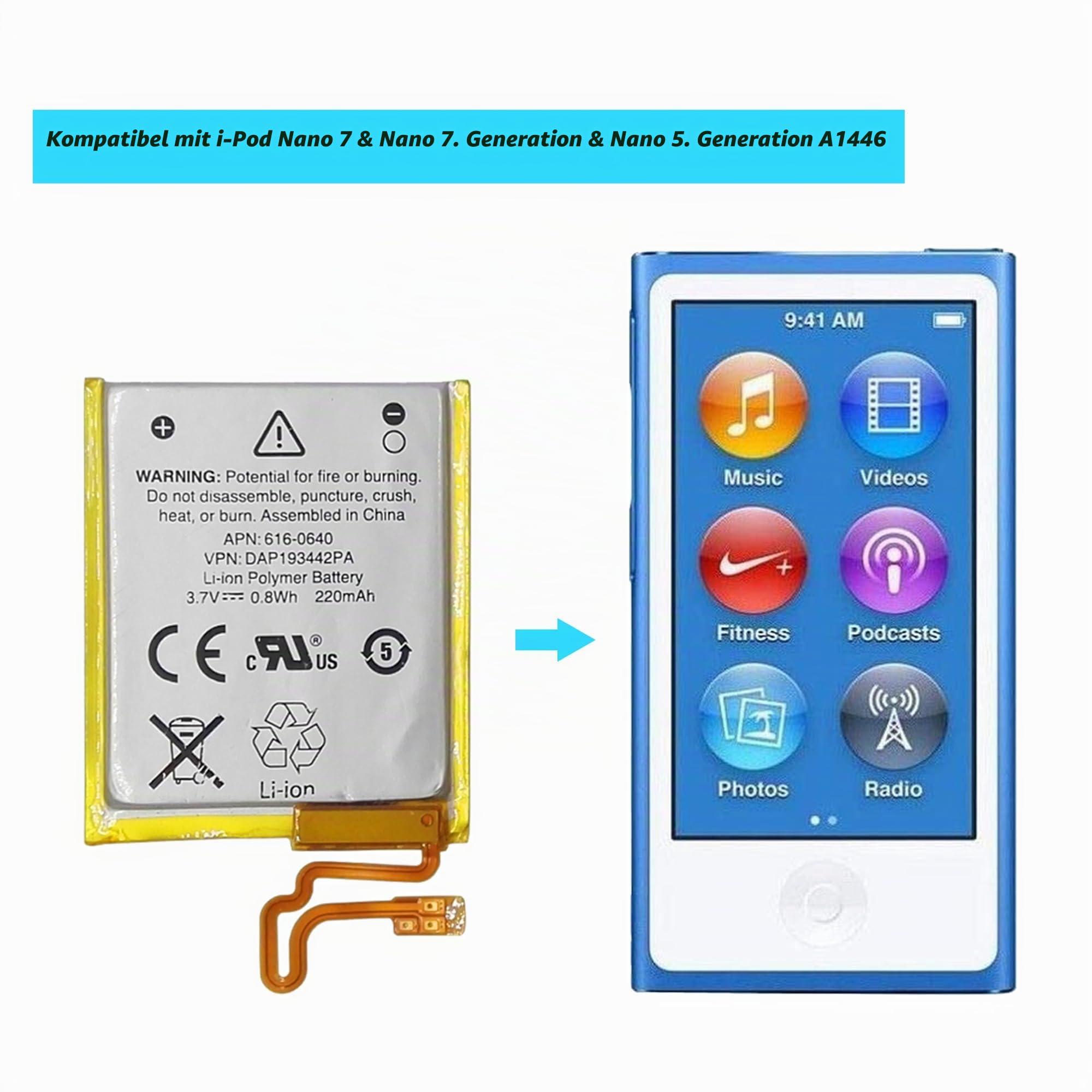 616-0640,616-0639 Ersatz Akku Kompatibel Für iPod Nano 7 & iPod Nano 7th & iPod Nano 5th A1446 with Toolkit