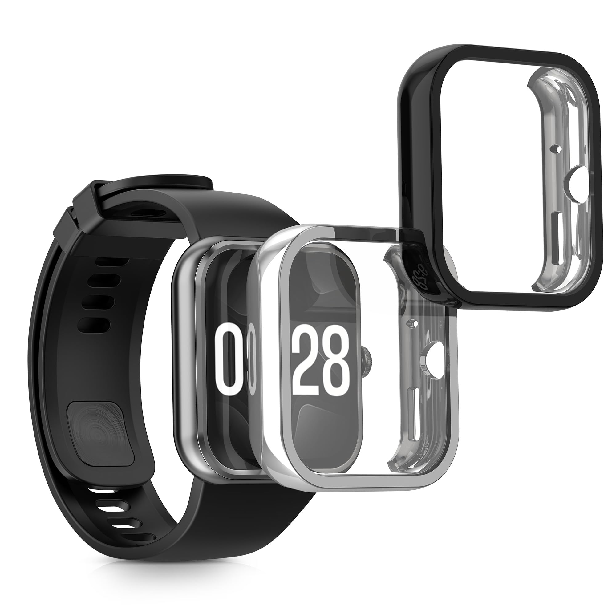 kwmobile Case Compatible with Xiaomi Redmi Watch 4 Case - 2X TPU Silicone Fitness Tracker Cover - Black/Silver