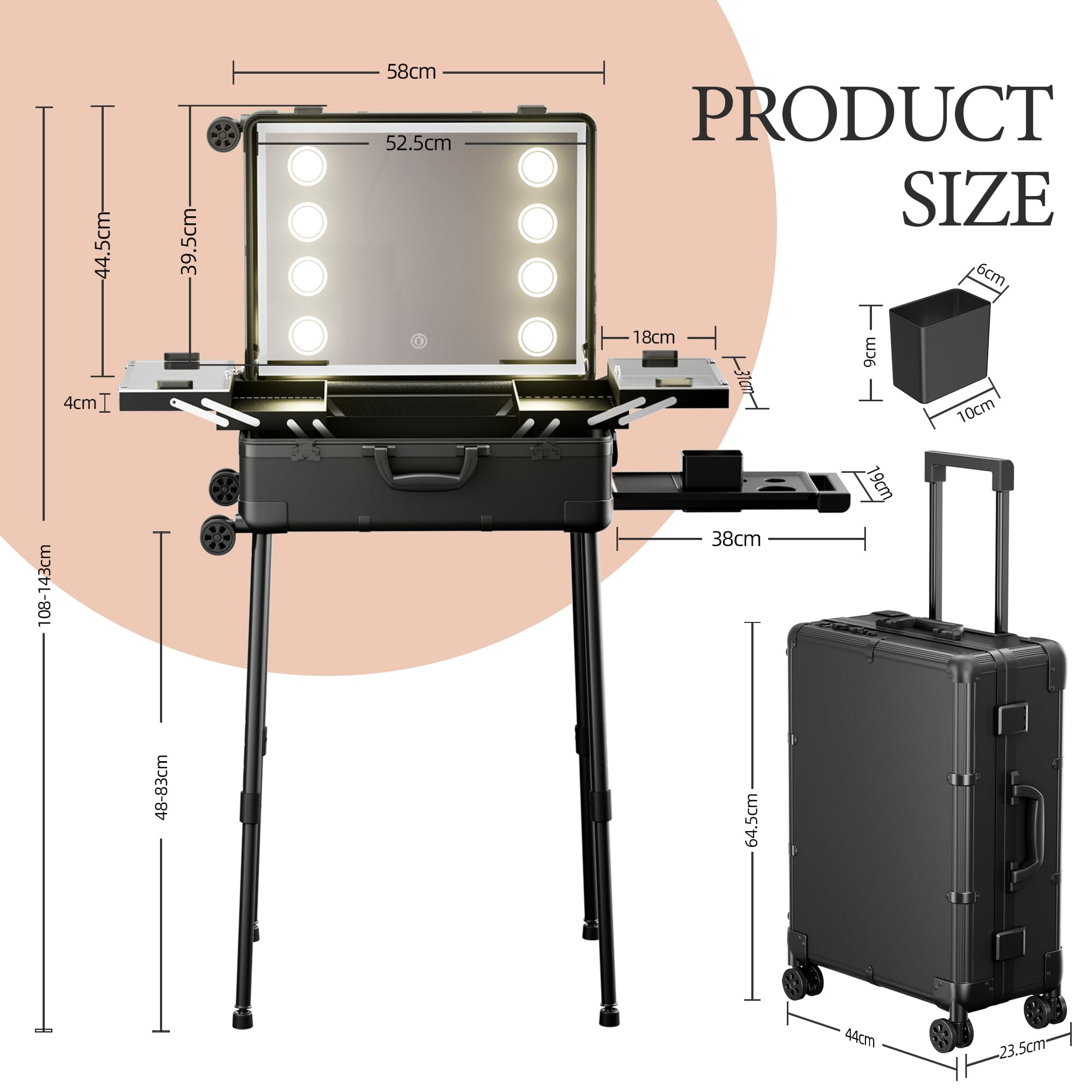 Valigetta Trucco con Rotelle in Alluminio, Grande Specchio con Illuminazione a LED, Organizzazione Cosmetici con Serratura a Combinazione, Stazione Trucco Pieghevole per Studio e Viaggio, Nera