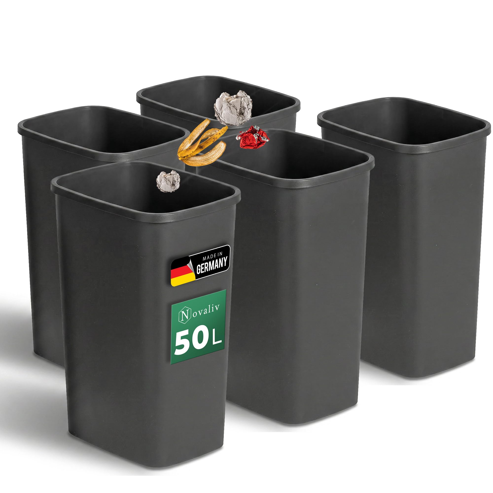 Novaliv Sparset 5x Mülleimer 50L ohne Deckel Anthrazit, Offener Papierkorb Abfalleimer für Küche Gewerbe Werkstatt Lager, Müll Eimer Bin Abfallbehälter Kunststoff Mülltonne Eckig Made in Germany