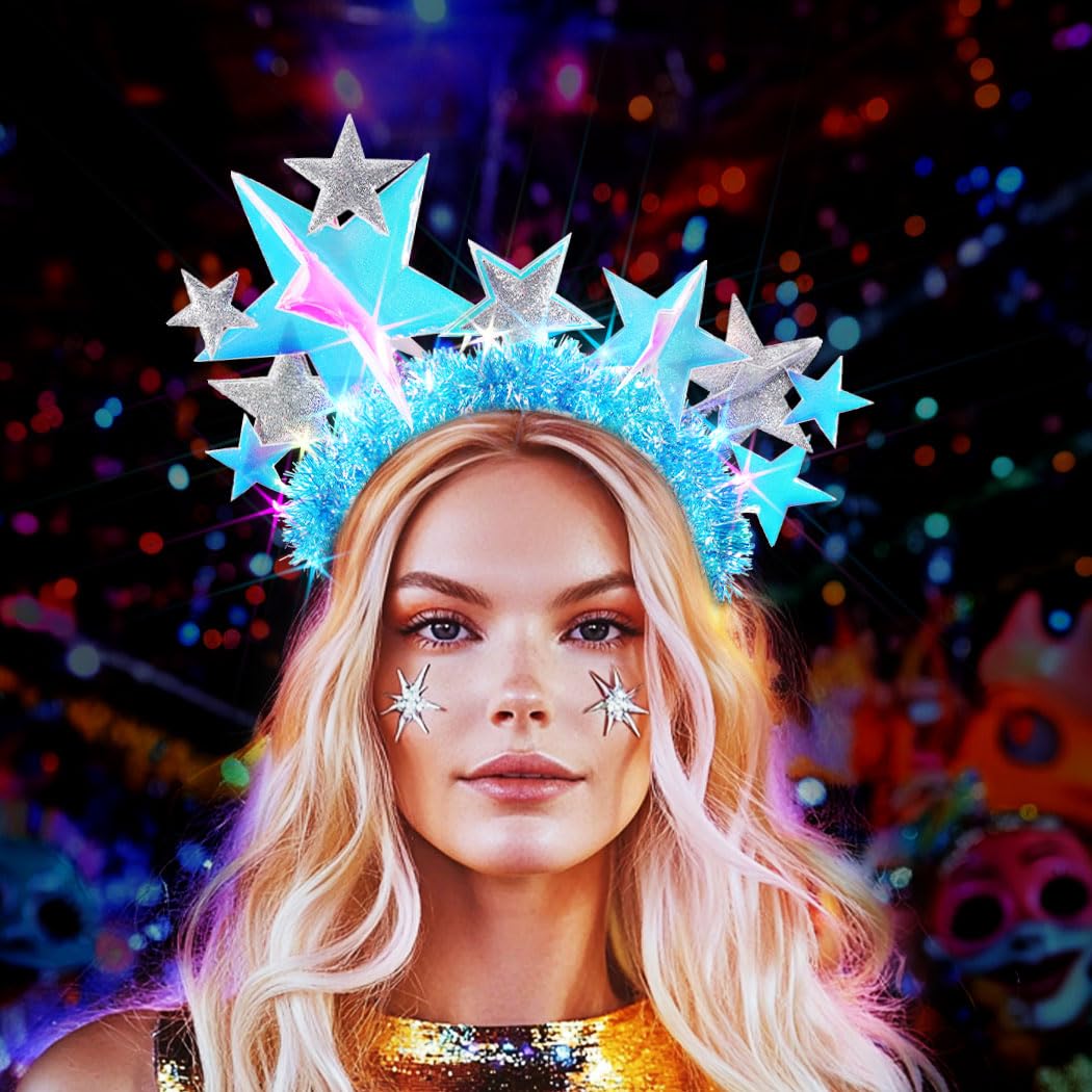 Handcess Light up Star Headband Glitter LED Hair Band Glowing Costume Crown Headbands Carnival Rave Hair Accessories for Women - Image 2