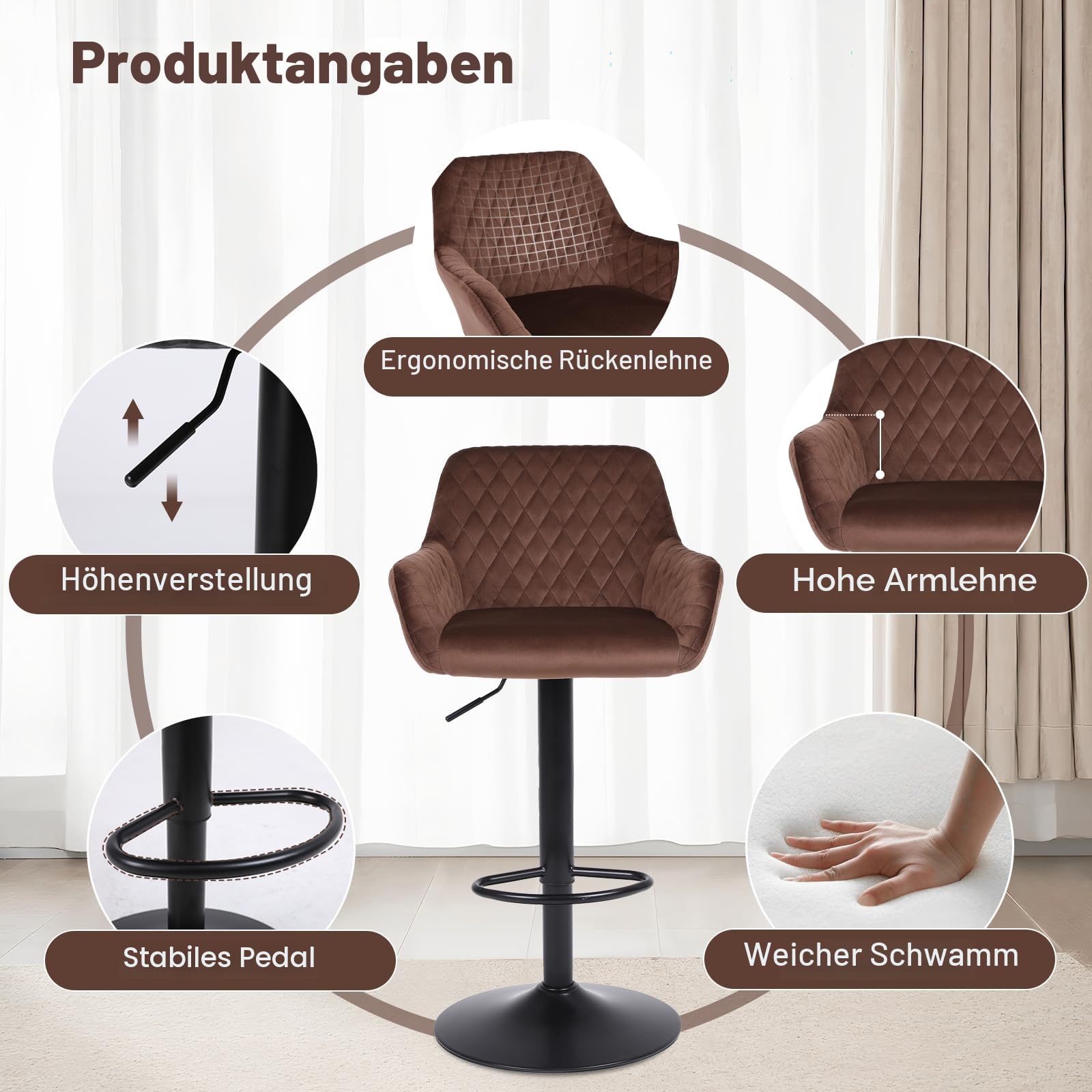ralex-chair Barhocker 2er Set, Höhenverstellbare Drehbare Barhocker aus Samtstoff, Frühstücks-Esshocker mit Rückenlehne und Armlehne für Bar, Theke und Küche, Braun