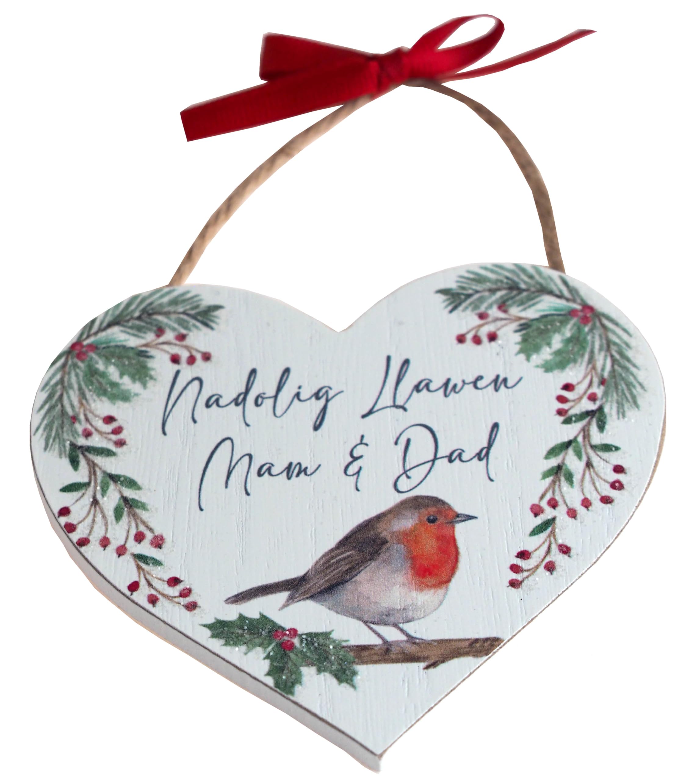 Welsh Robin Christmas Bauble Decoration Tree Ornament - Nadolig Llawen Mam & Dad