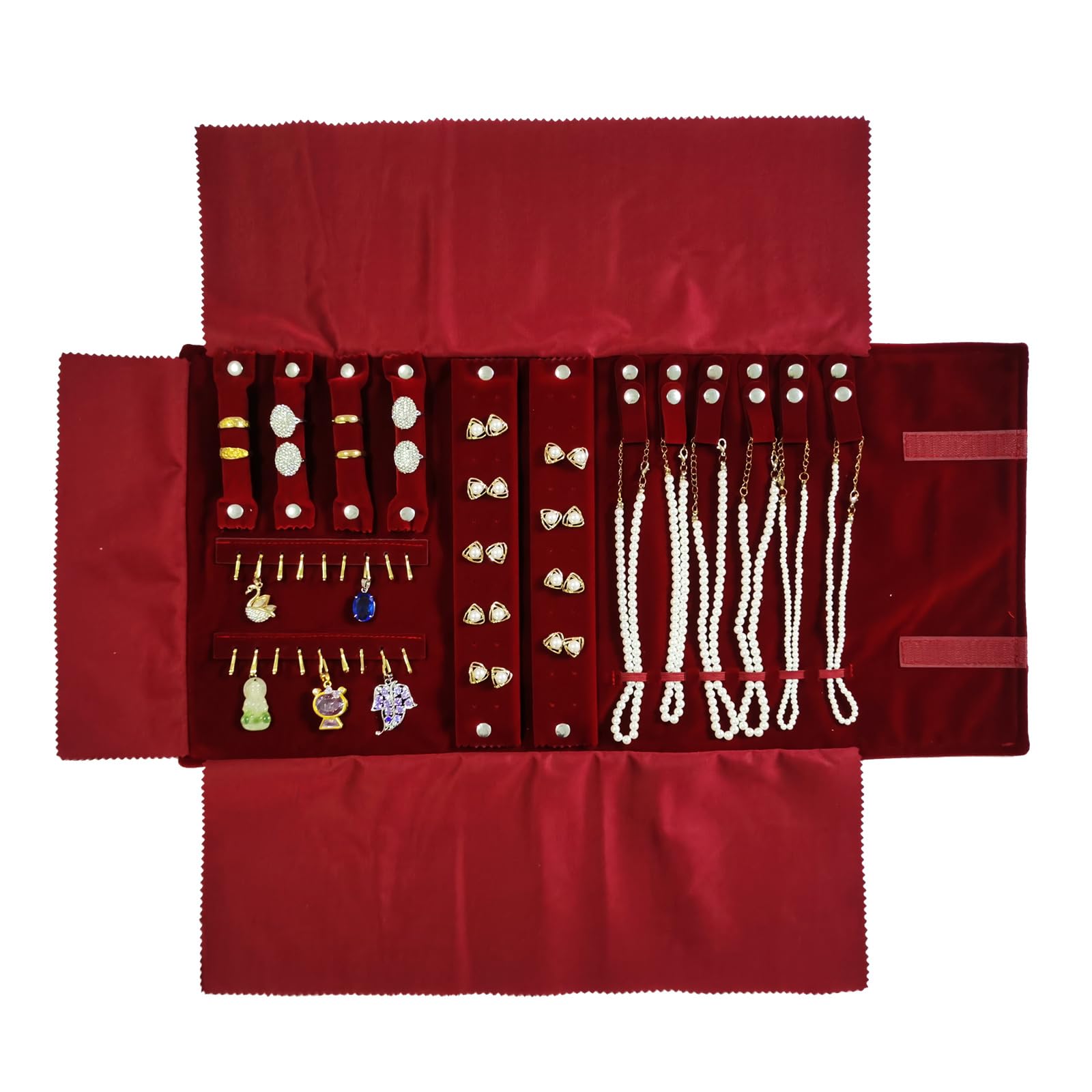 SCIKHEFT Portable Jewelry Roll Organizer, Velvet Travel Case with 4 Compartments, Storage for Necklaces, Rings, Earrings, Pendants (Red)