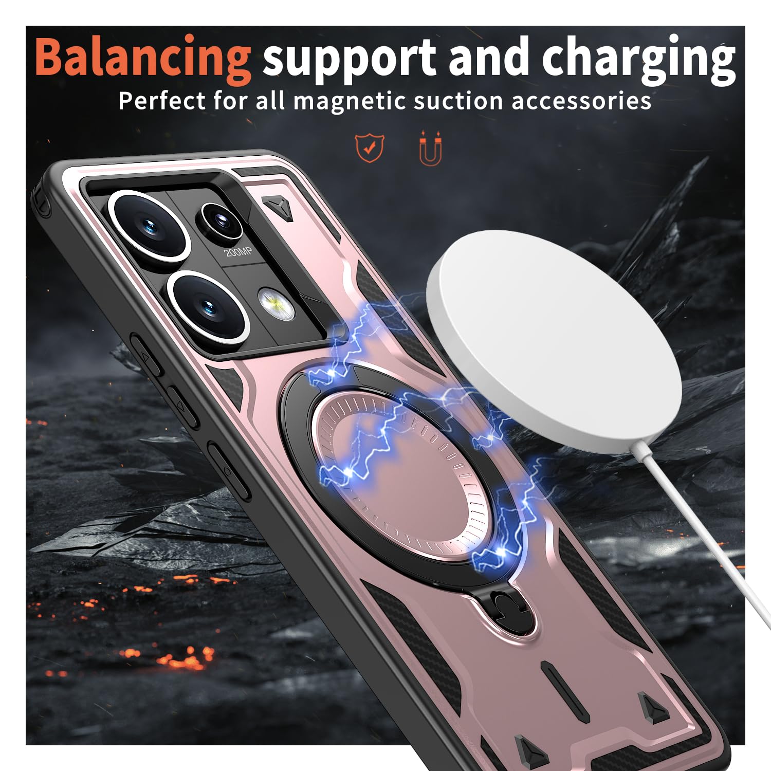 SORAKA Case for Xiaomi Redmi Note 13 5G with Ring Stand,Compatible with MagSafe Case for Redmi Note 13 5G case with Iron Sheet Rugged Shock-Absorbing case Military-Grade Drop Protection Rose Gold