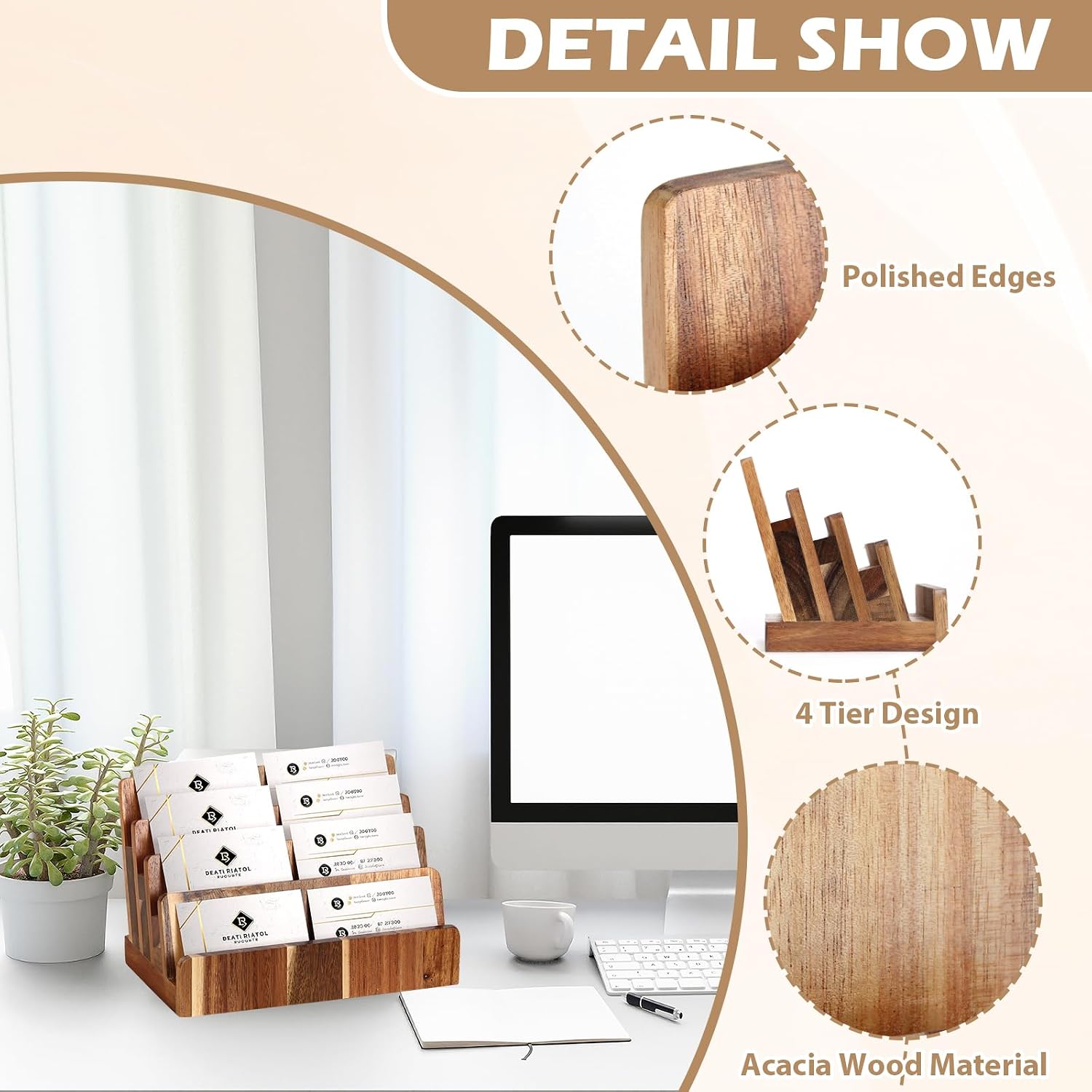 DLUGOPIS 4 Tier Acacia Wood Business Card Holder Desktop Business Card Display Stand Multiple Wood Business Card Organizer Gift Card Display Rack Pamphlet Display Stand for Exhibition Home Office image 3