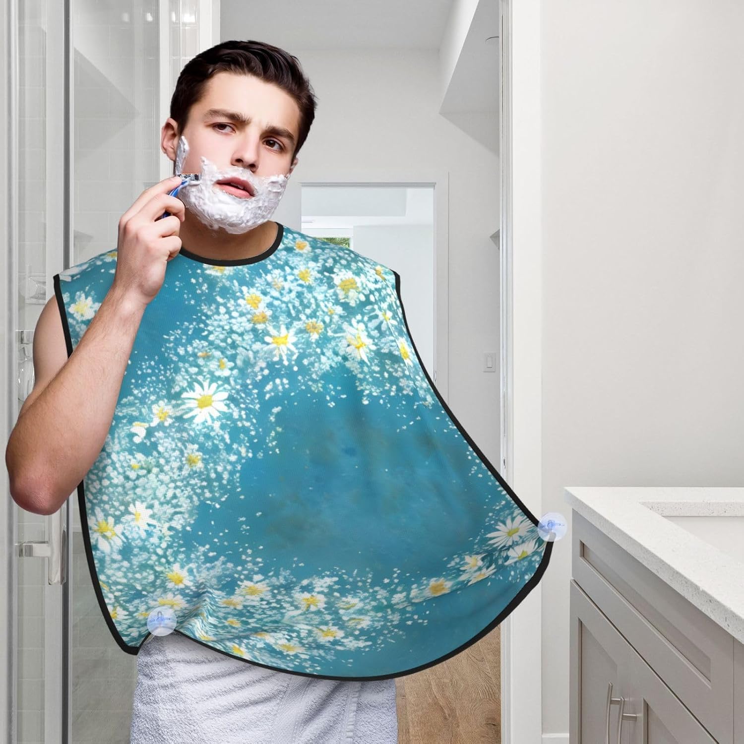 White Blue Daisy Print Beard Bib Apron For Men, Beard Hair Catcher For Men Shaving Trimming,Beard Cape Cloth