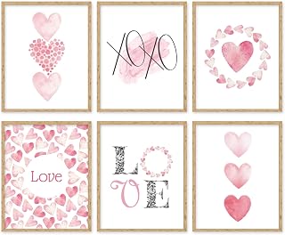 Whaline 6Pcs Valentine's Day Wall Art Prints Pink Heart Love Posters Sweet Watercolor Canvas Art Painting Unframed Romantic Posters for Valentines Wedding Home Room Gallery Decor, 8 x 10 inch