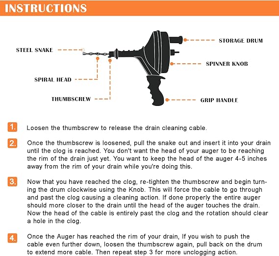 BACOENG 25Ft Drain Auger, Heavy Duty Plumbing Snake with Drill Adapter, Use Manually or Powered for Drain Clog, Shower Sink,  with Gloves and Bag (Orange)